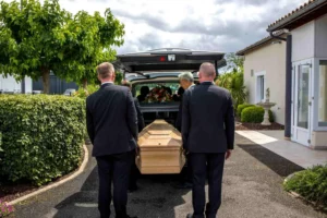 Porteurs funéraires en costume transportant un cercueil vers le corbillard.